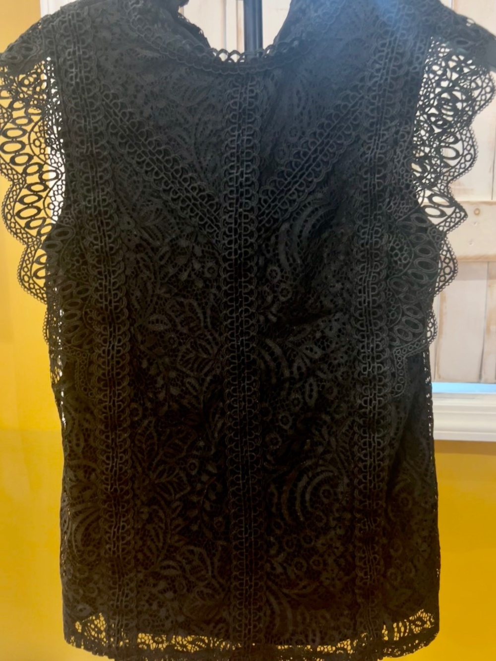 Cable & Gauge Black Lace Blouse Women's Flutter Sleeve Crochet Lace Top XS
